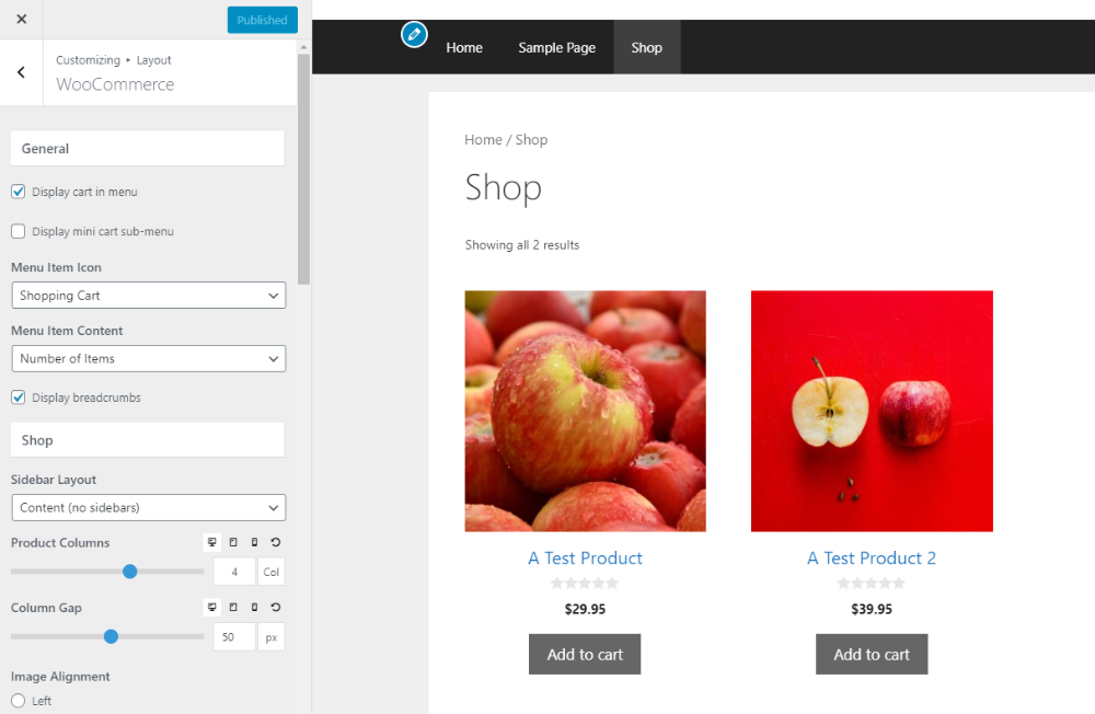 WooCommerce settings in GeneratePress