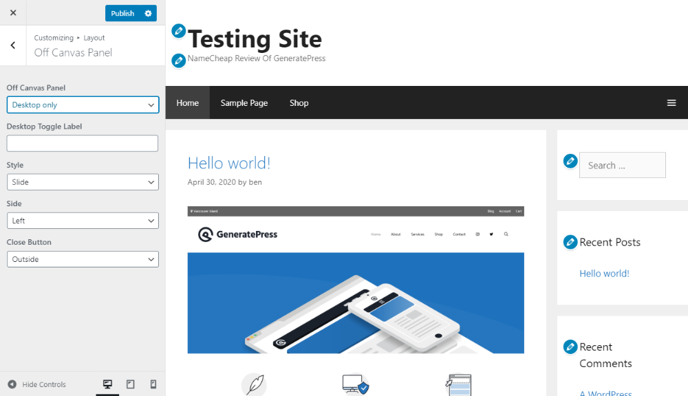 Off-canvas menu settings in GeneratePress