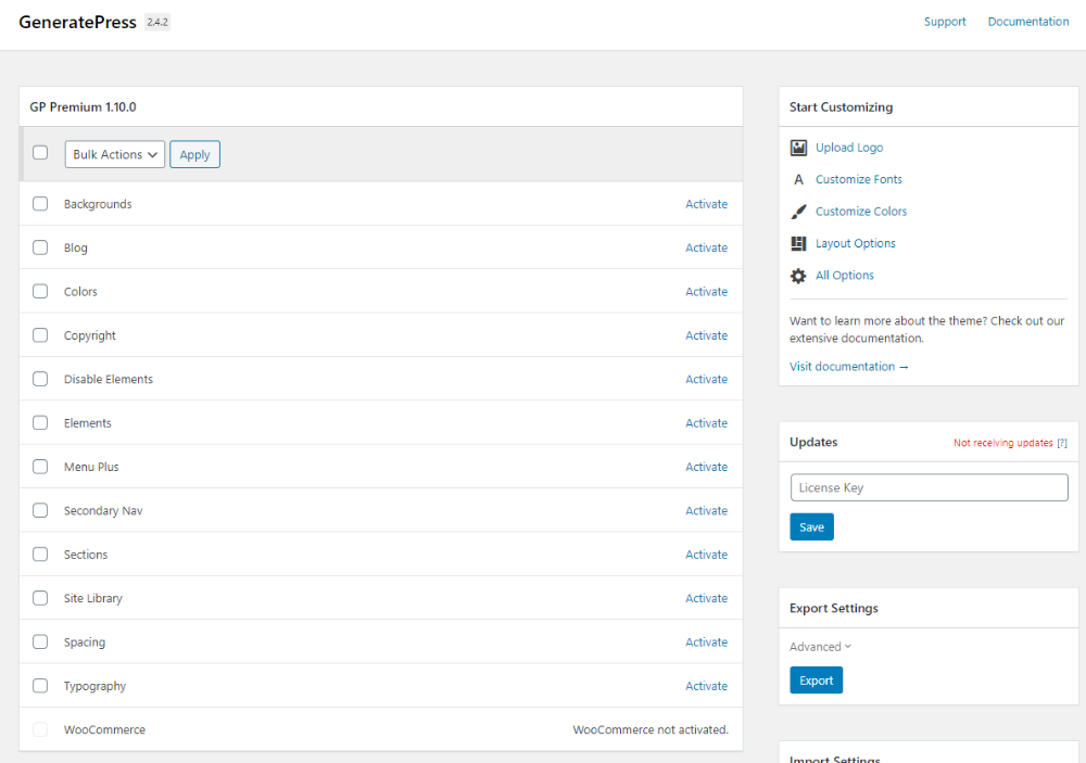 Settings for GeneratePress Premium