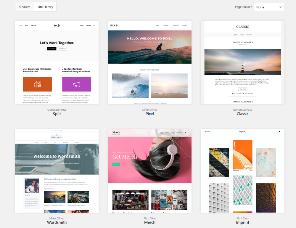 Pick a starter theme to import in GeneratePress