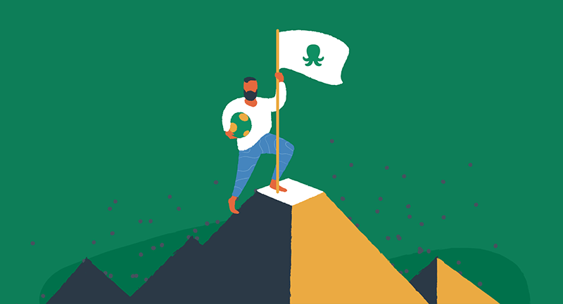 man planting EasyWP flag at top of mountain