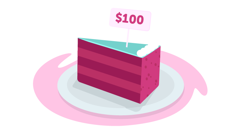 Slice of cake with $100 on it