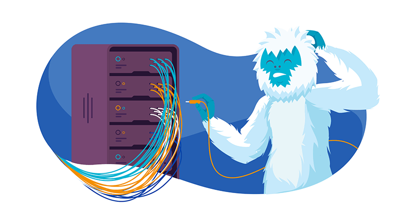 a yeti working on a server considering upgrading his hosting