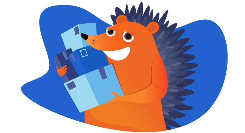 hedgehog with a stack of packages to ship