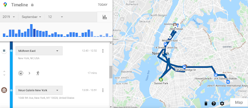 Google Maps showing every location you visited and the route you took