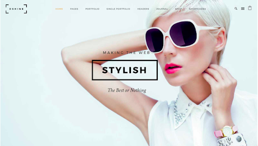 An example of the OShine photography theme featuring a photo of a woman in sunglasses