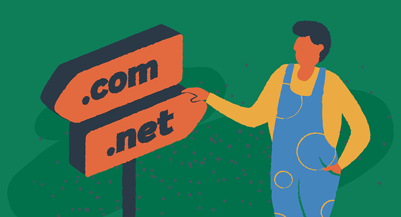 man by signpost with .com and .net