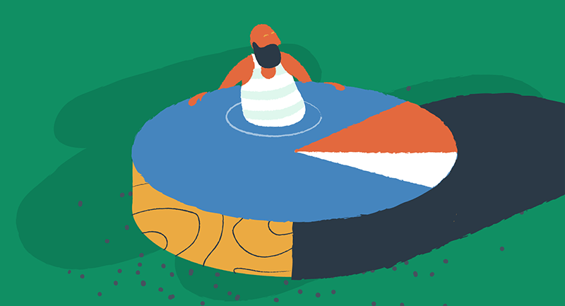 man in a swimming pool which is also a pie chart