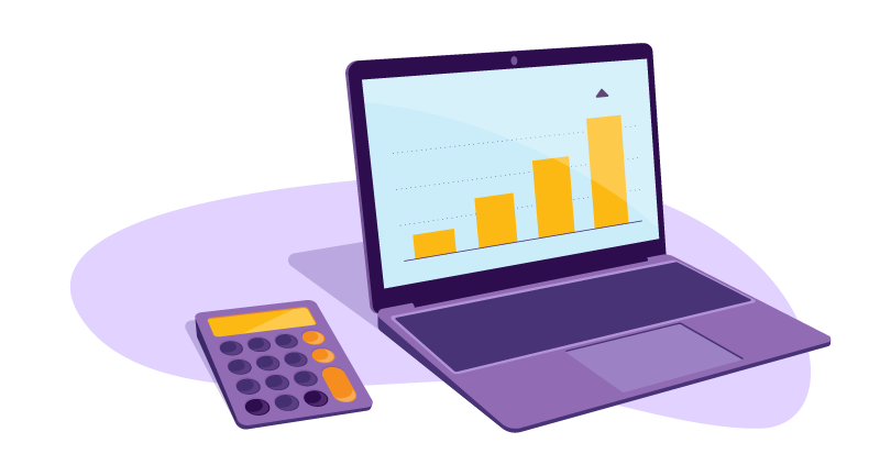 Laptop with bar graph and calculator
