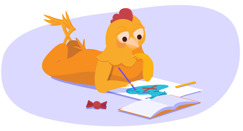 Chicken doing homework with book and paper