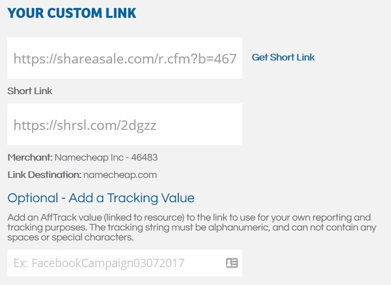 screenshot of a custom link creator