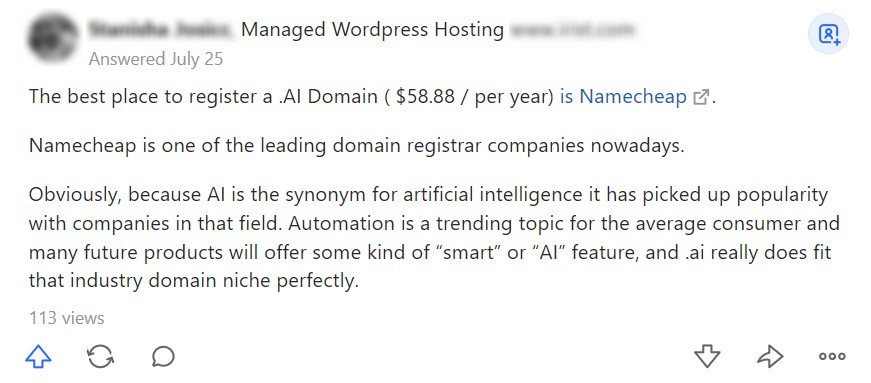 Screenshot of someone recommending Namecheap on Quora