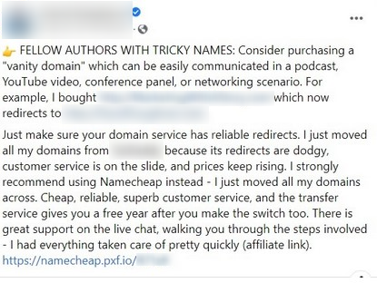screenshot of someone recommending Namecheap