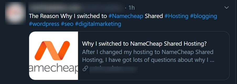 screenshot of tweet of blog post about switching to Namecheap