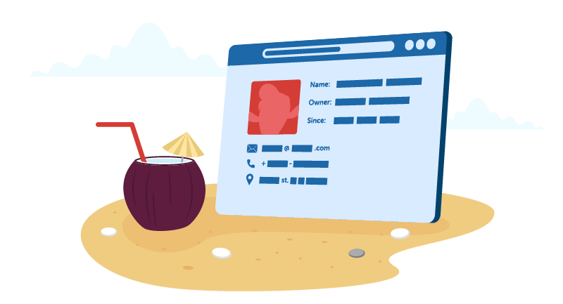 website information on tablet with a tropical beverage