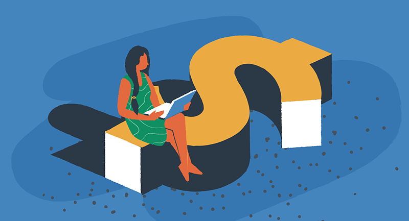 woman sitting on dollar sign shaped bench
