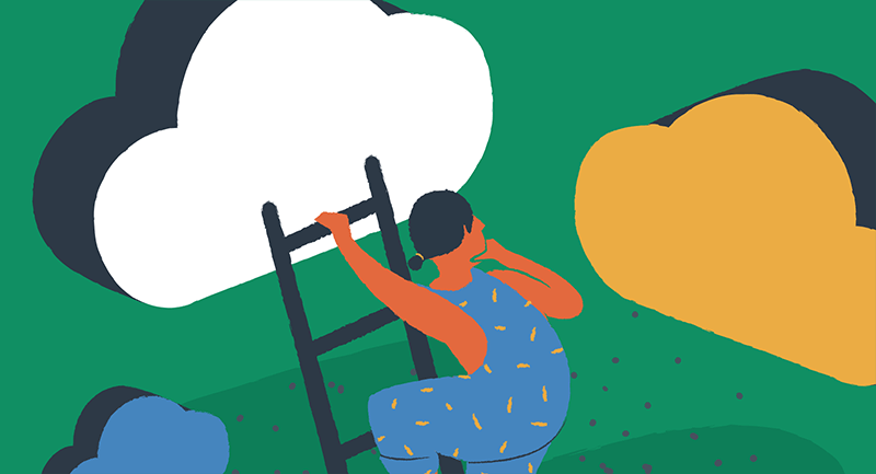woman working in the cloud on a ladder