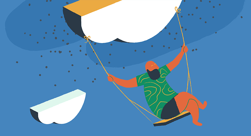 man swinging on a swing attached to the cloud