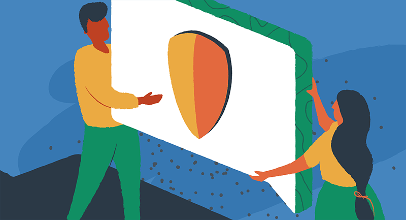 man and woman adding shield to website