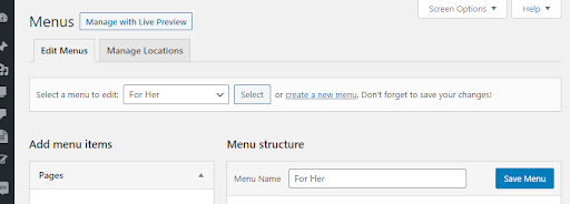 WordPress menu screenshot
