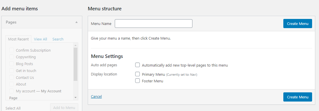 WordPress menu screenshot