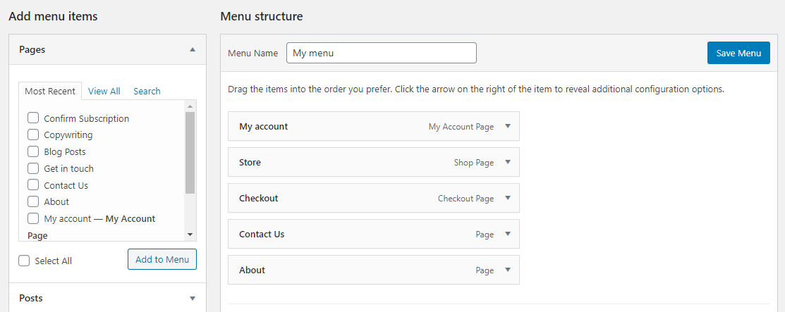 WordPress menu screenshot