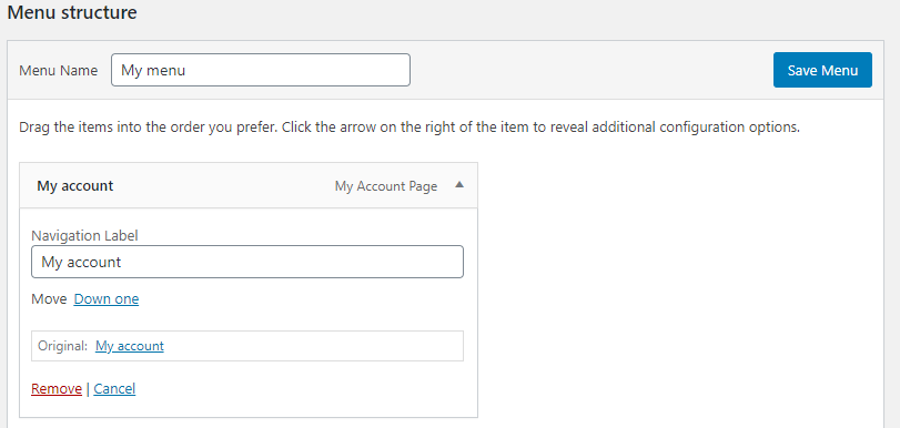 WordPress menu screenshot