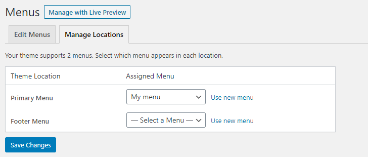 WordPress menu screenshot