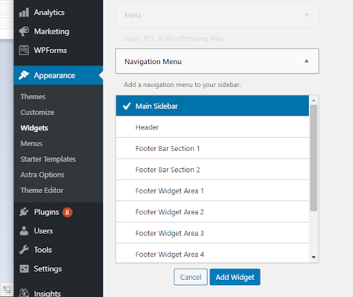 WordPress menu screenshot