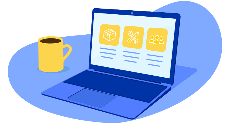 coffee cup and website with product listings