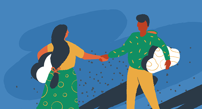man and woman shaking hands with clouds