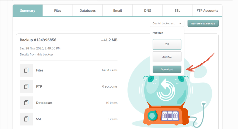 screenshot of downloading backup