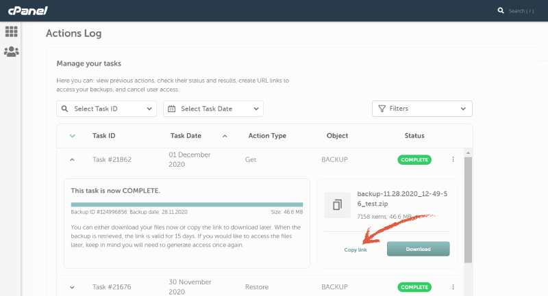 screenshot of copy link