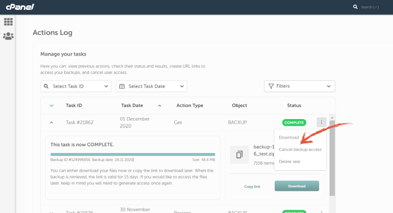 screenshot of actions log in cPanel