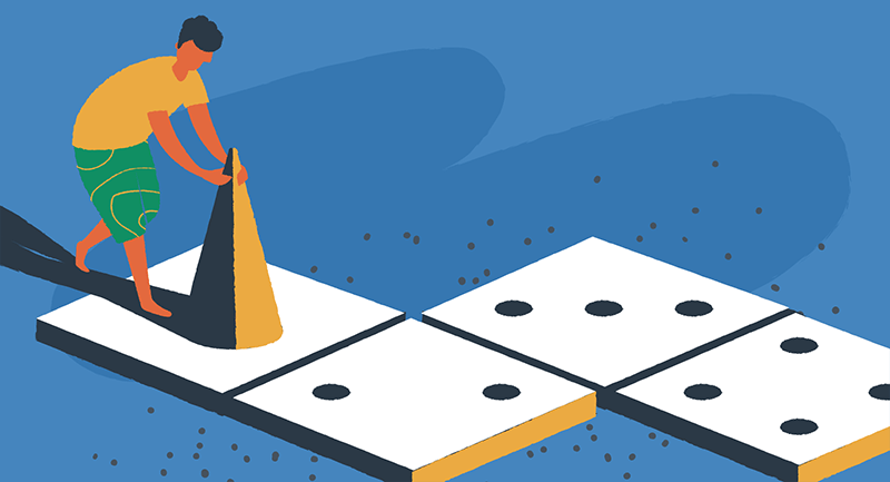 dominoes representing four phases of Gutenberg