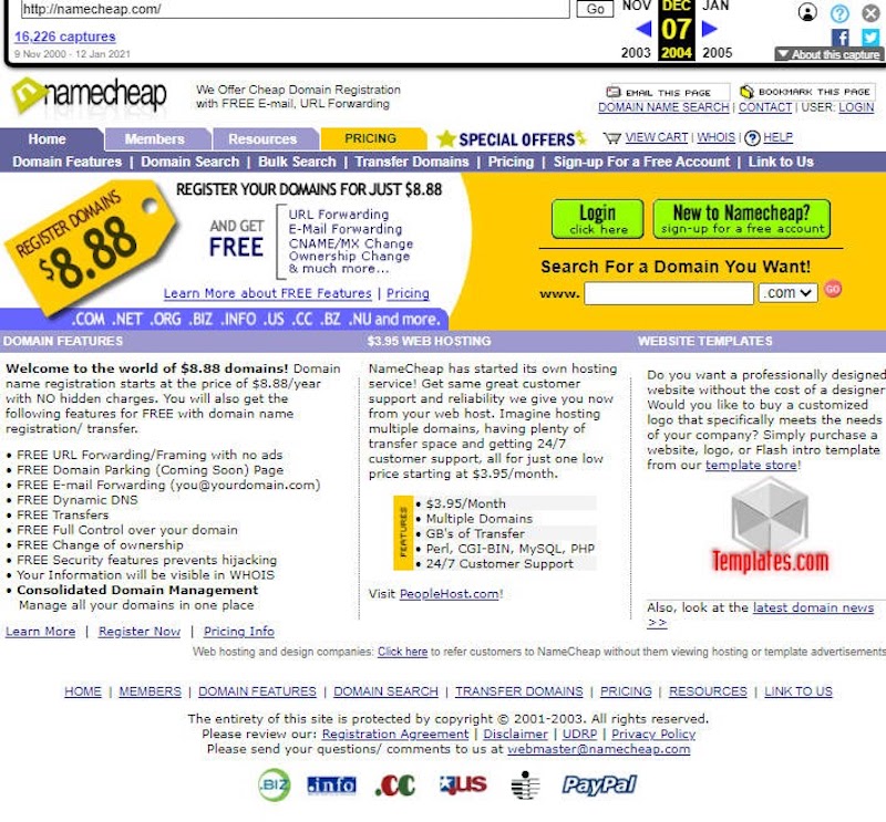 Namecheap home page in 2004