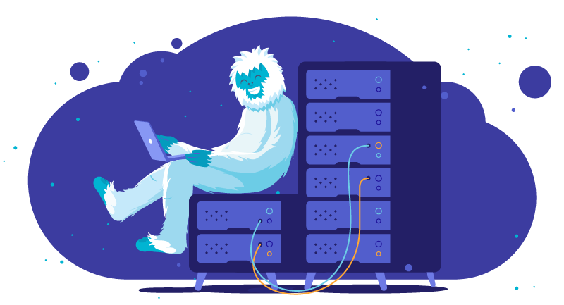 Yeti on laptop next to computer servers
