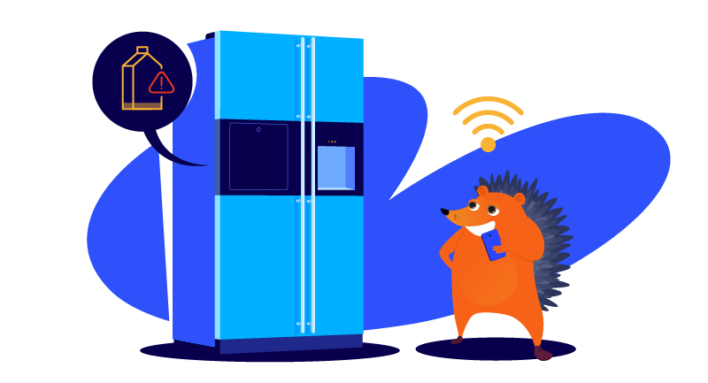 Smart refrigerator reminding hedgehog to buy milk