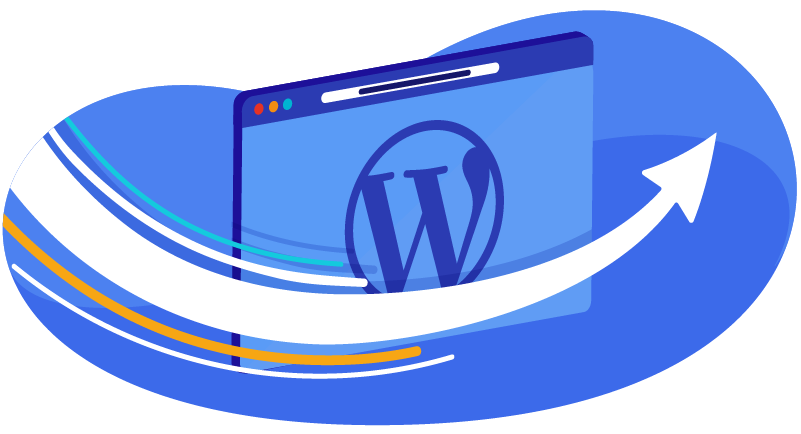 WordPress website with arrow showing migration