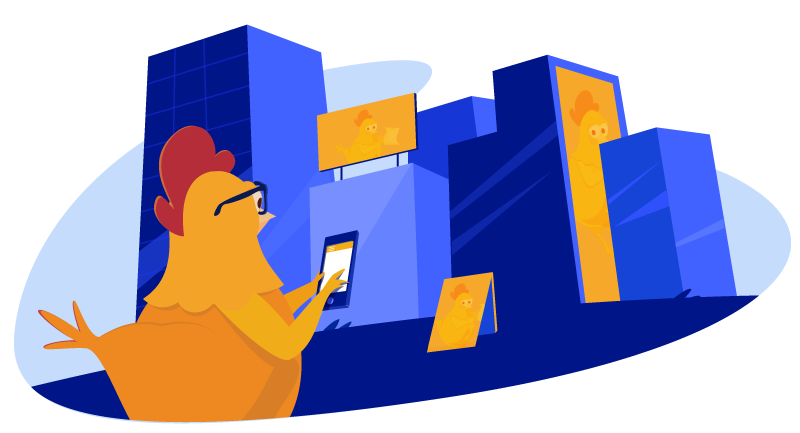 Chicken typing a domain into her phone