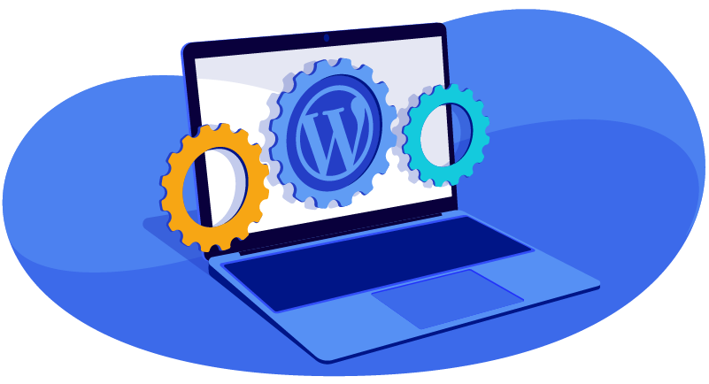 WordPress on laptop with gears