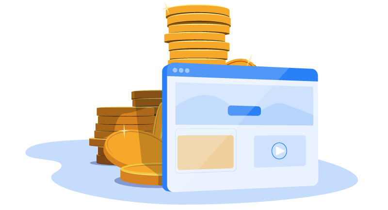 website in front of stack of coins