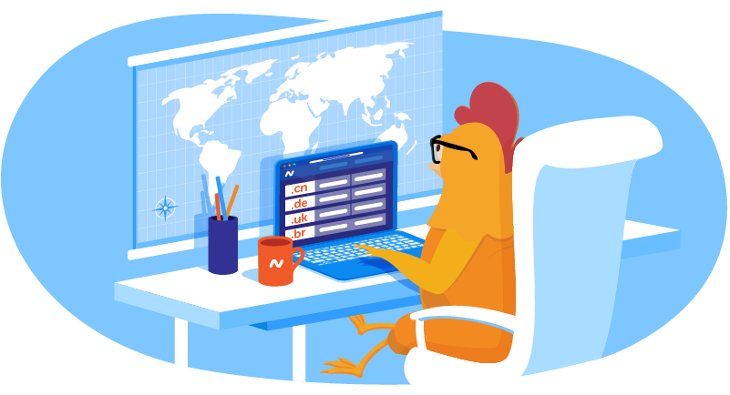 Chicken choosing domain in front of map of the world