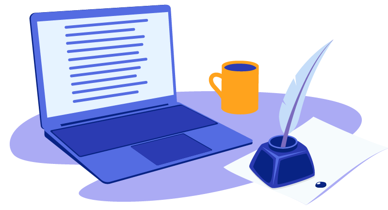 laptop with writing, a coffee cup and a quill
