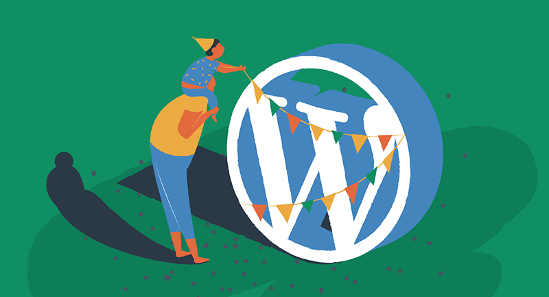 man and child decorating WordPress logo for birthday