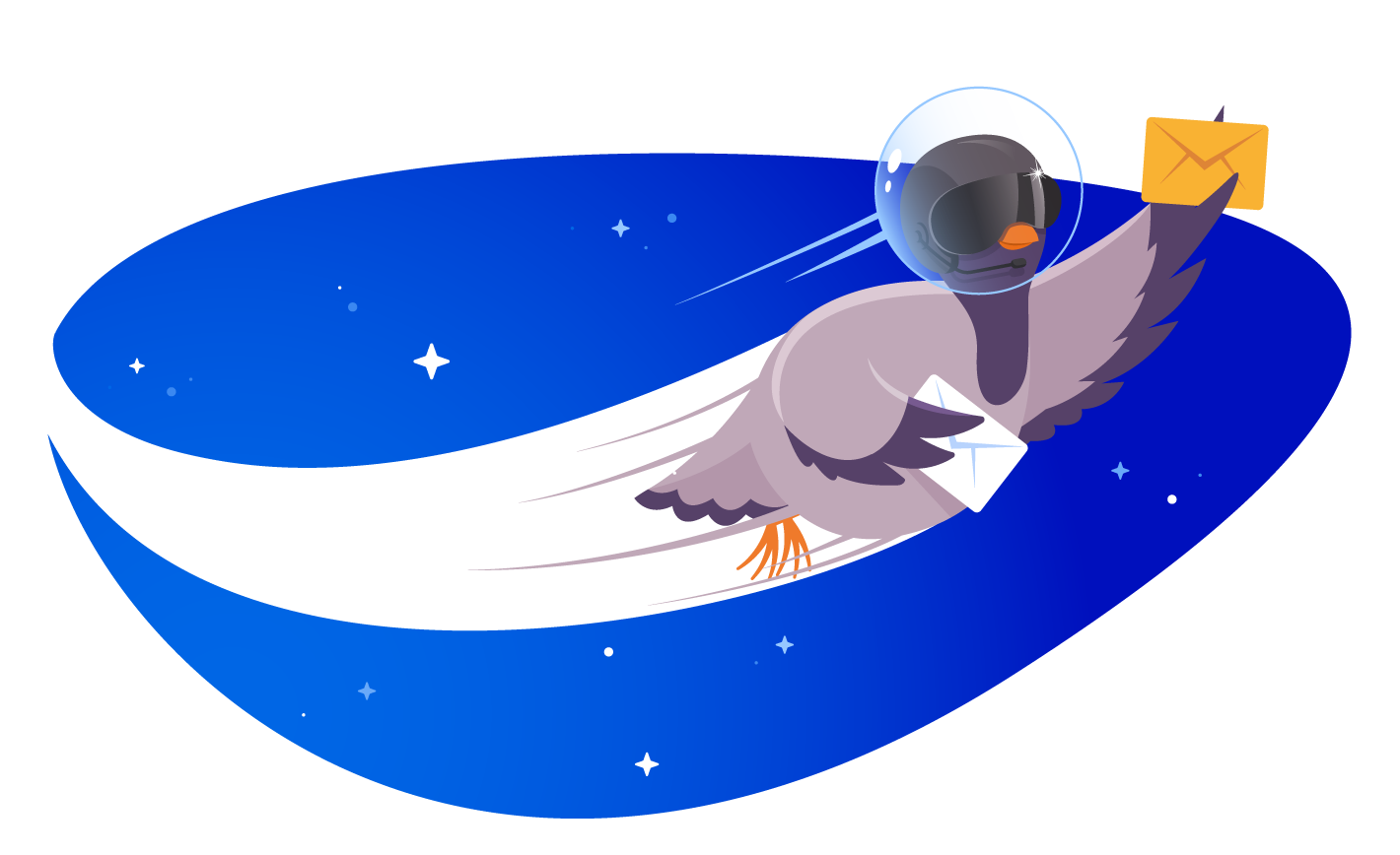 pigeon zooms through the sky with email in envelopes