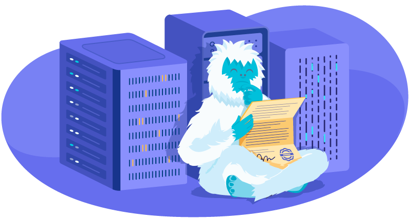 Yeti reviewing a legal document in front of servers