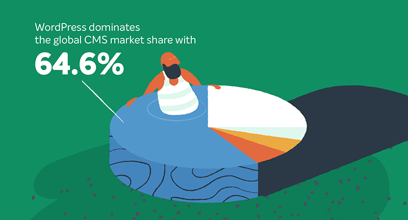 Man sitting in a pie graph swimming pool celebrating WordPress success