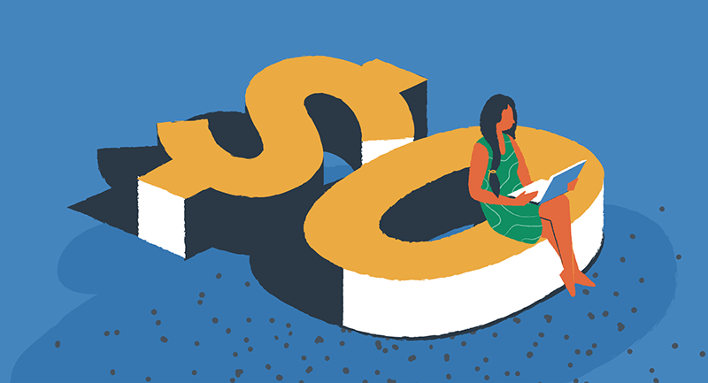 Woman working on WordPress website sitting on a $0 sign