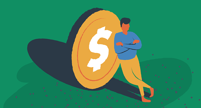 A man leaning against a coin